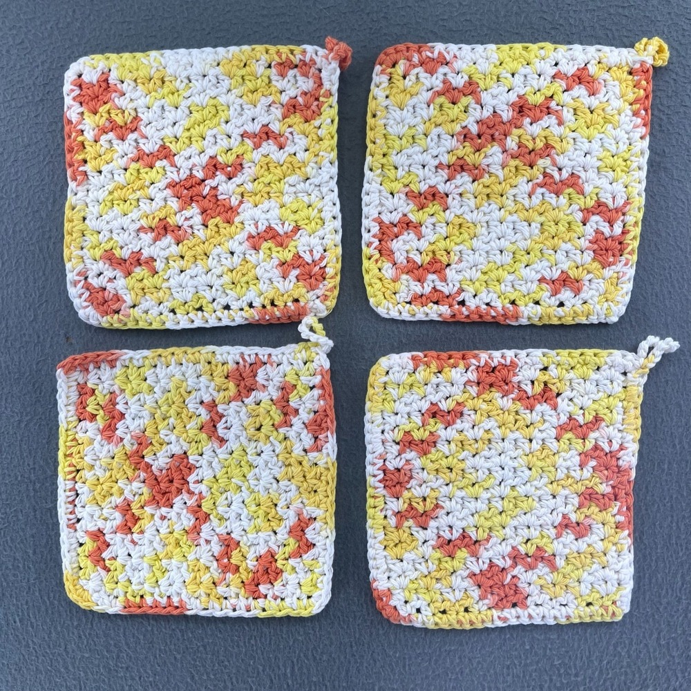 Handmade Crochet Pot Holders Cotton Yellow Orange Set of 4 Farmhouse Cottagecore